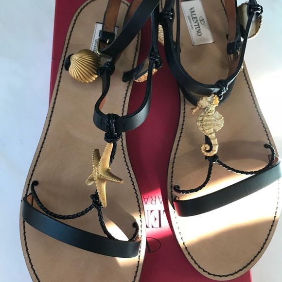 Valentino Black Leather Sea Element Sandals 40/10 - Picture 5 of 14